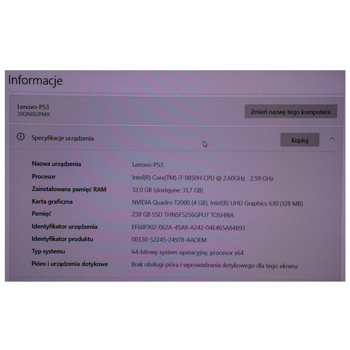 Płyta główna procesor Lenovo ThinkPad P53 i7 9850H