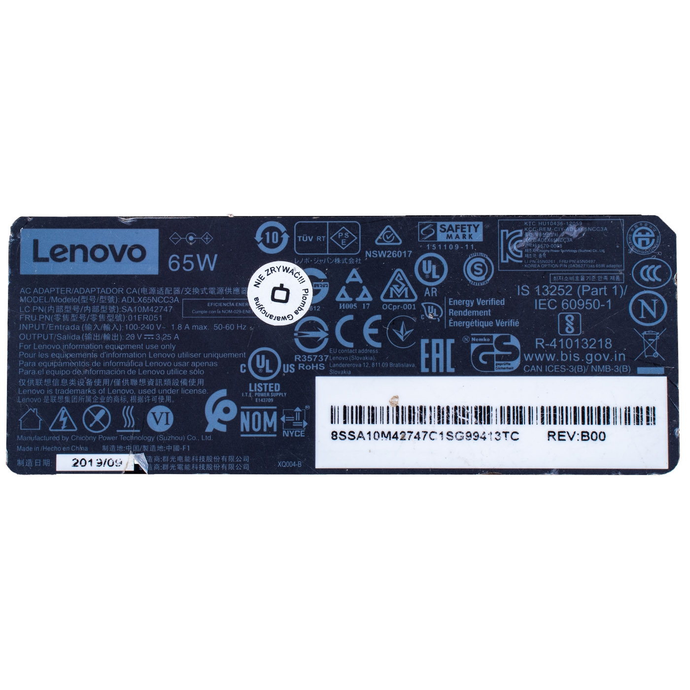 Zasilacz 65W 20V Lenovo IdeaPad Cienki wtyk